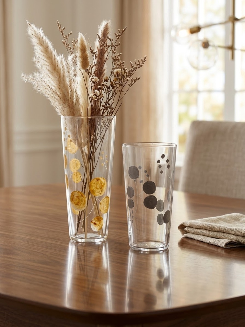 Set of 2 Modernist Hand-Painted Clear Glass Vases / Candle Holders